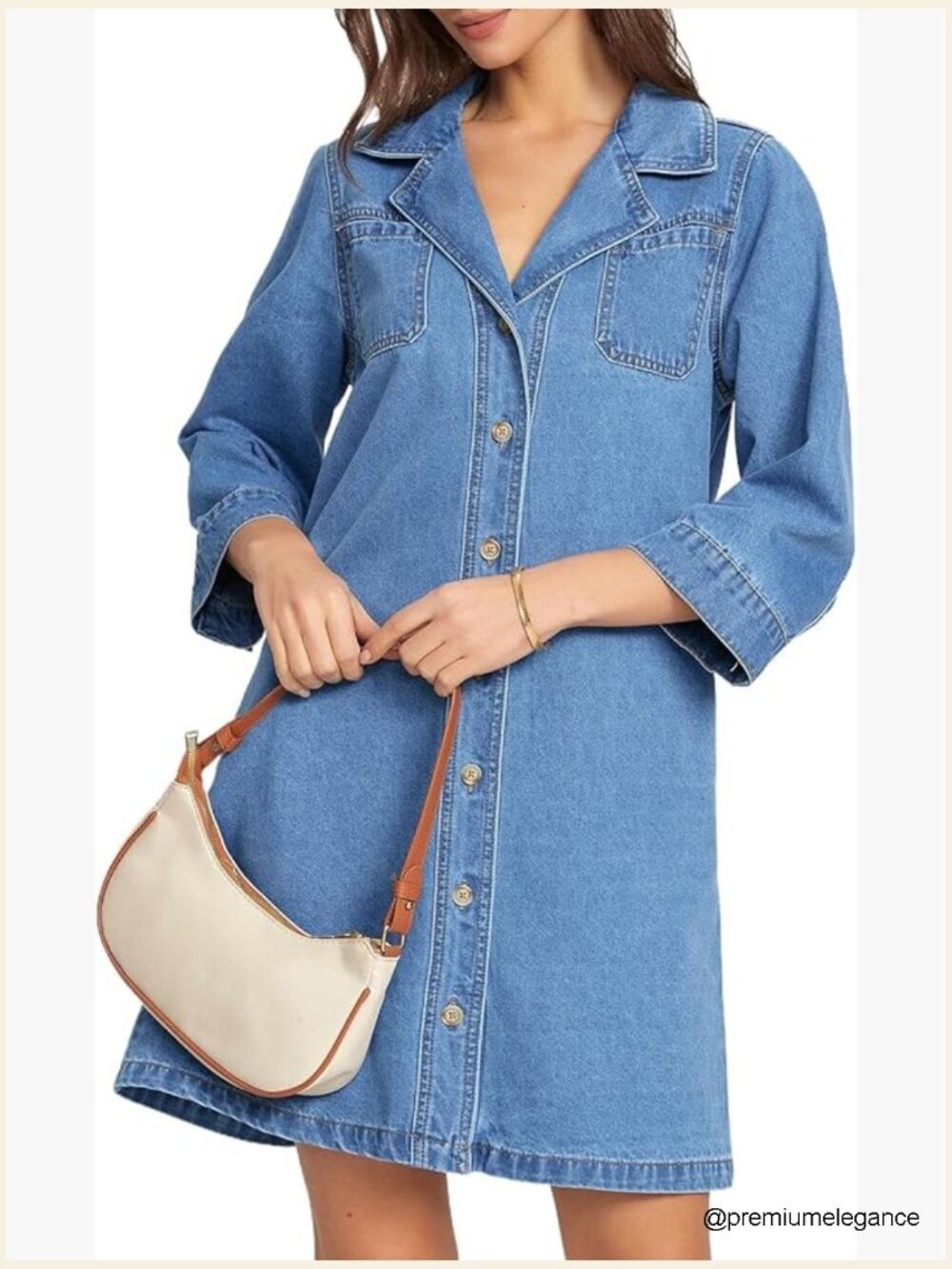 Womens Denim Shirt Dress 3/4 Sleeve Button Down A Line Casual Summer Dress with